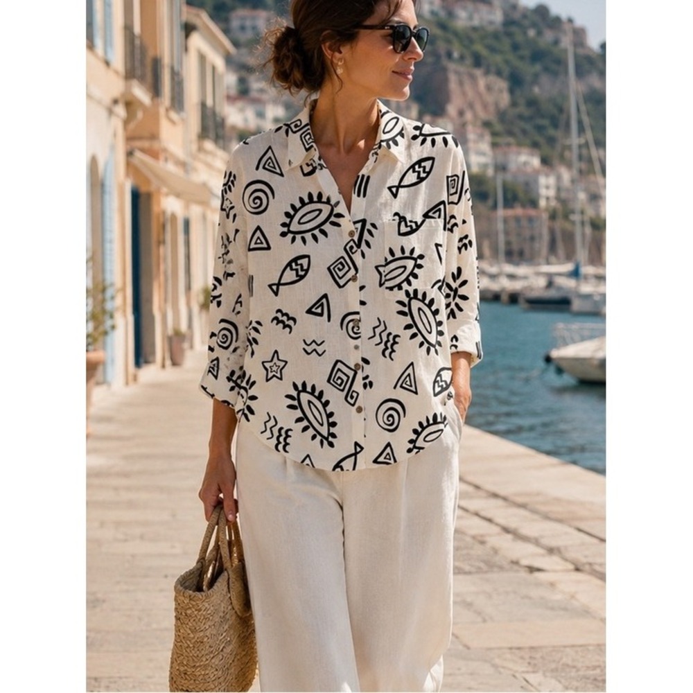 Linen Blend Button Up Shirt M Long Sleeve Euro Summer Resort Artsy Novelty Print